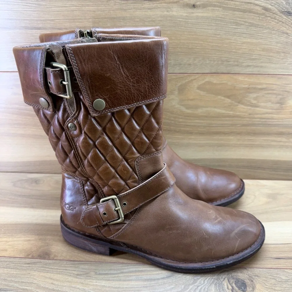 UGG Conor Mid Quilted Leather Boots 10 Buckle Biker Zip Boho Casual Mid Calf